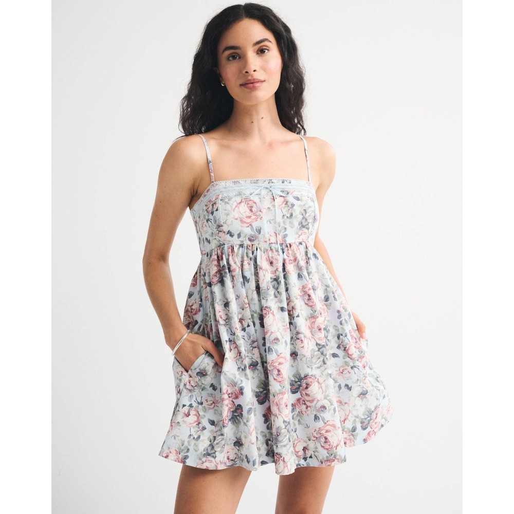 Abercrombie & Fitch Mini Dress Womens XS Blue Floral New Pockets Lace Trim